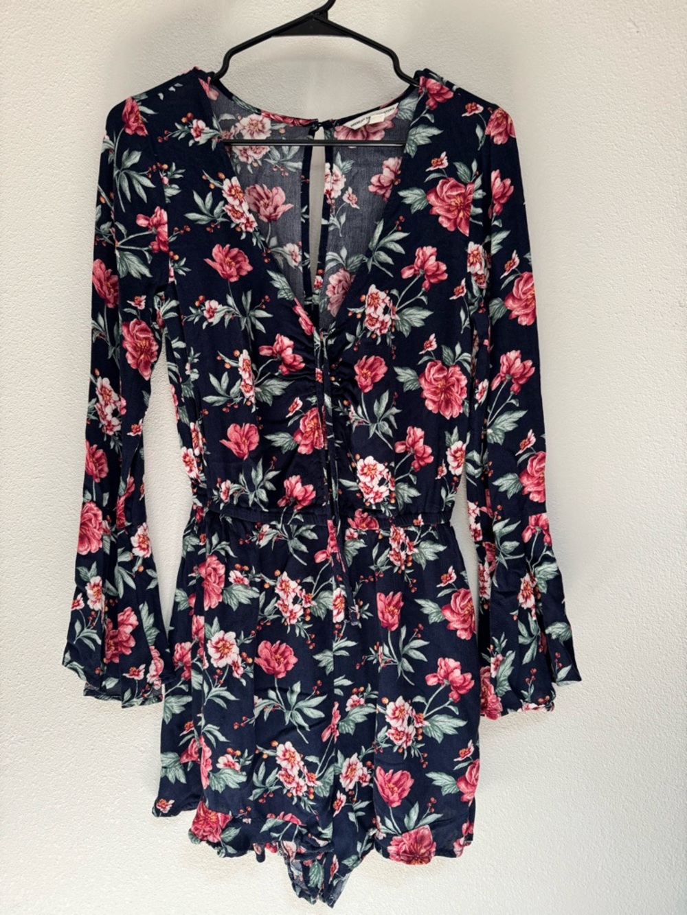 American Eagle Outfitters Navy Floral Long Sleeve Romper Dress with Pink Roses